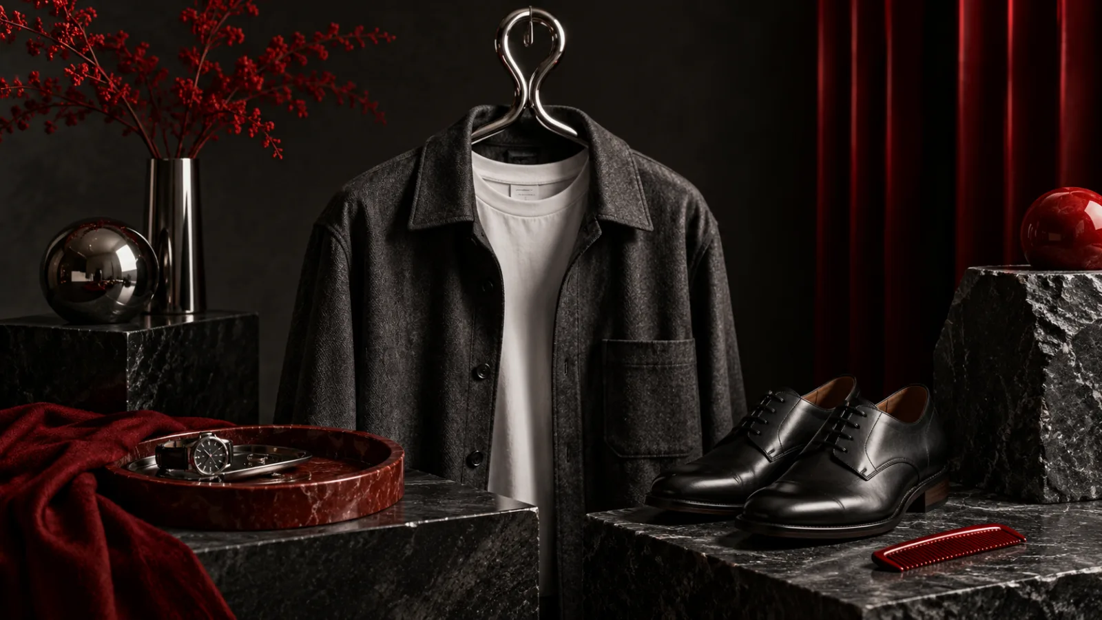 Tenue sobre et accessoires sur fond graphite