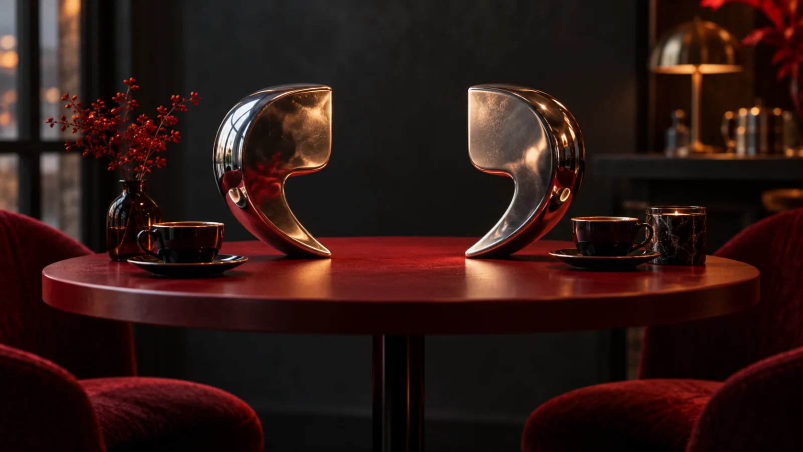 Guillemets argentés autour d’une table rouge