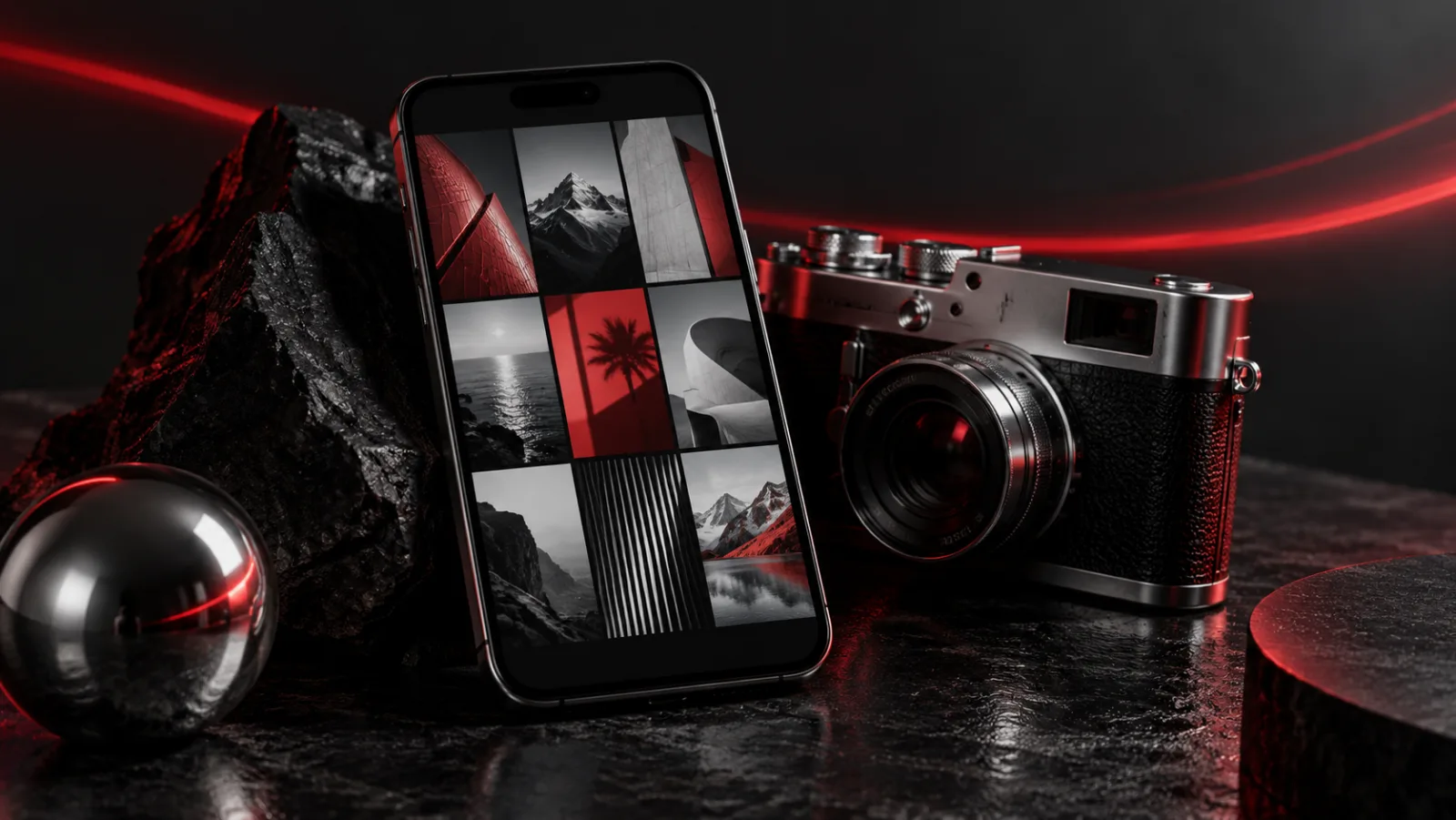 Téléphone et appareil photo sur fond sombre